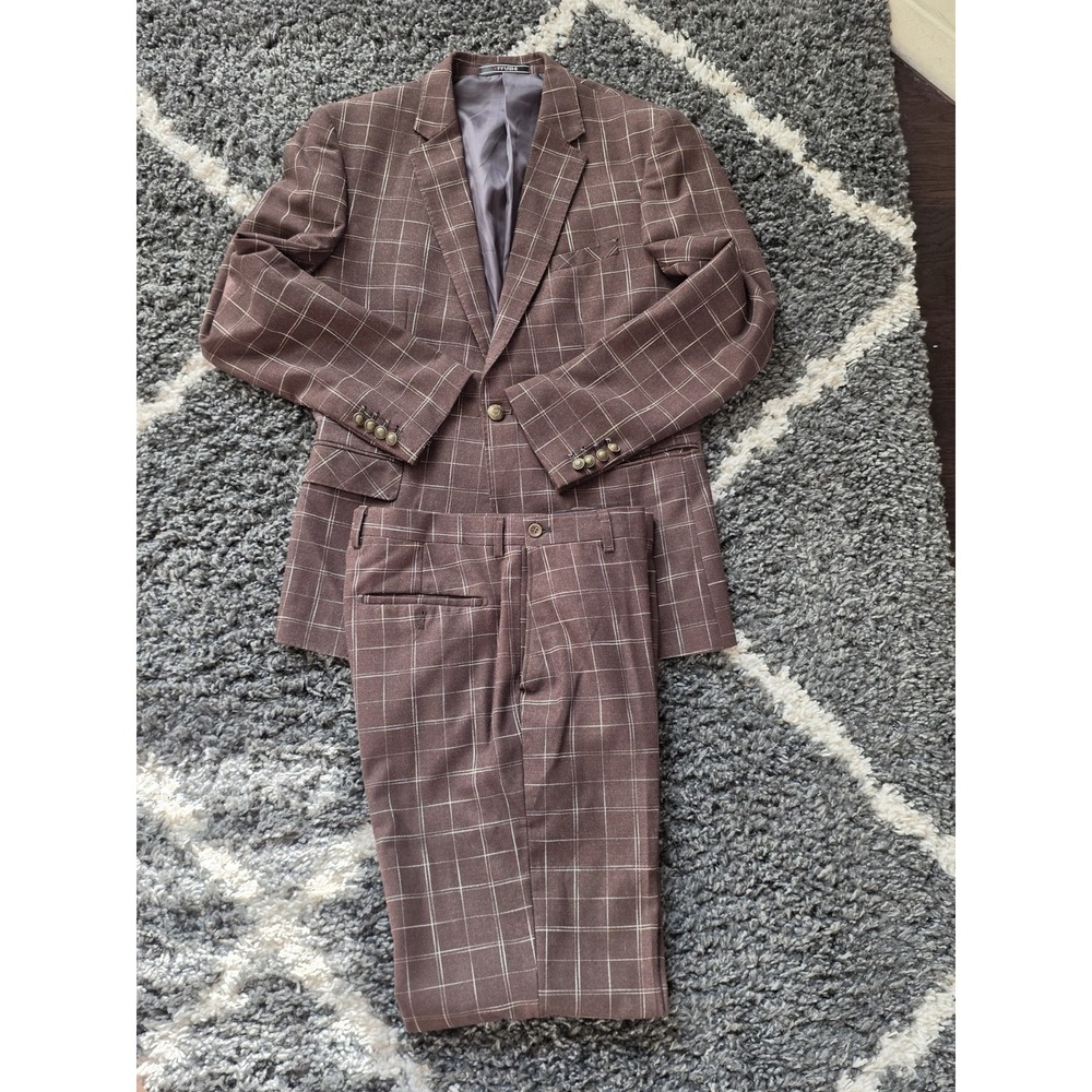 Yffushi Men's XL Brown Plaid Suit 42R Jacket 36x32 Adjustable Tapered Pants NICE